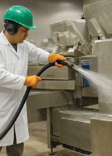 Meat packer sanitation worker spraying machinery